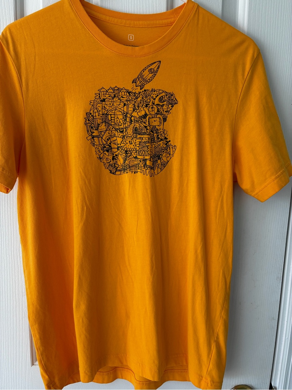 Yellow Graphic T-Shirt with Black Doodle Apple Design Computer Camp